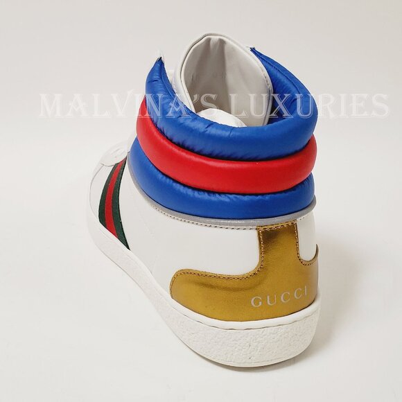 GUCCI SNEAKERS MENS ACE HIGH TOP WHITE LEATHER WEB STRIPE SHOES sz 10G 10.5 - Picture 4 of 12